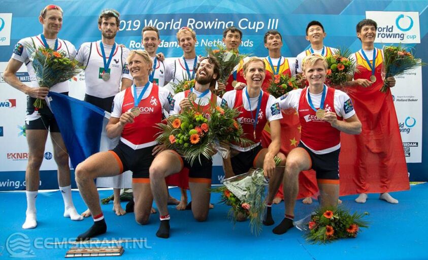 knielend vlnr:  Bart Lukkes, Ward van Zeijl, David Kampman, Damion Eigenberg. Foto: Ellen de Monchy Sports Photography