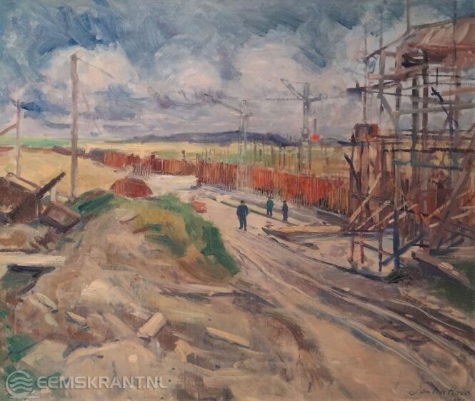Bouw sluizen Delfzijl olieverf op doek 1956