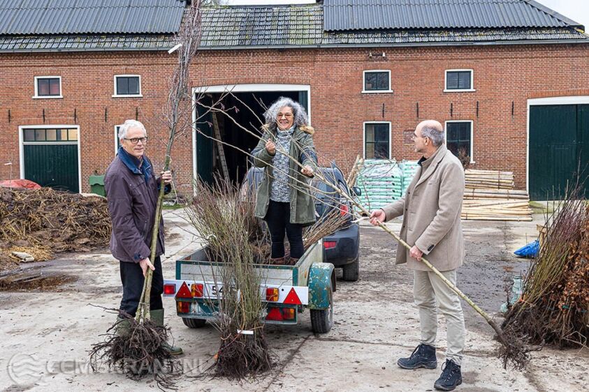 Wethouders Pier Prins (links) en Arjen Nolles (rechts) helpen met het inladen van bomen en struiken voor het groene erf van Geraldine Gambier (midden). Foto: Otto Kalkhoven