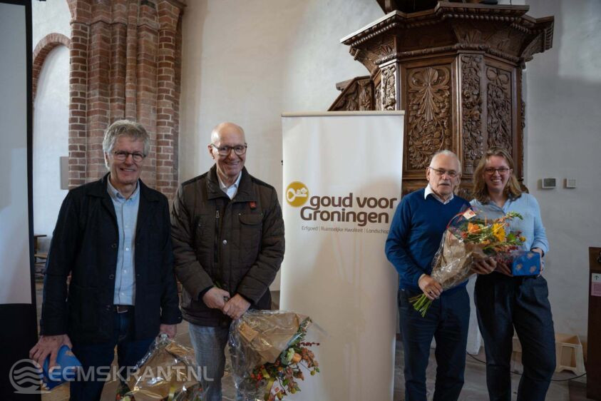 De winnaars van de ERL-pitchronde: Frank Peters (behoud Zuidlopsterweg), Willem Fokkens (herstel joodse begraafplaats Winsum), Harm Evert Waalkens en Maartje Wilting (gele dijkcoupure).