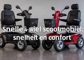 snelle 4-wiel scootmobiel in showroom, zwart en rood model naast elkaar, met tekst over snelheid en comfort.