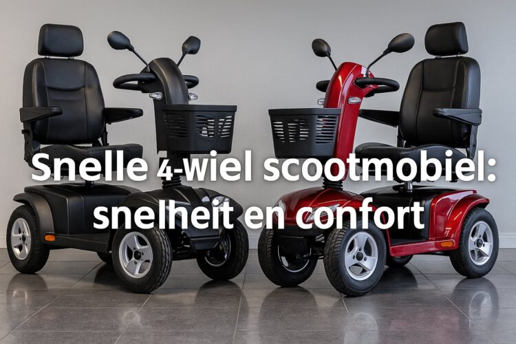 snelle 4-wiel scootmobiel in showroom, zwart en rood model naast elkaar, met tekst over snelheid en comfort.