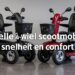 snelle 4-wiel scootmobiel in showroom, zwart en rood model naast elkaar, met tekst over snelheid en comfort.