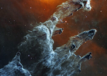 The NASA/ESA/CSA James Webb Space Telescope’s mid-infrared view of the Pillars of Creation.