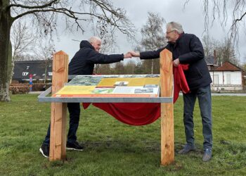 Wethouder Jan Menninga en Anne Koopmans van het Historisch Centrum Groot Bronswijk onthullen informatiepaneel. Foto: Gemeente Eemsdelta