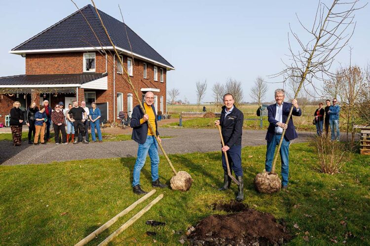 Het planten van bomen door gedeputeerde Leo Wenneger (midden), wethouder Arjen Nolles (Het Hogeland) (links) en wethouder Jan Menninga (Eemsdelta) (rechts) . Foto: Otto Kalkhoven